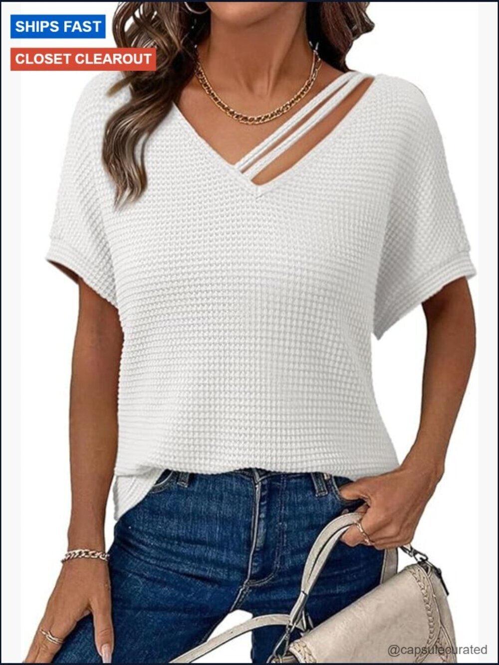Waffle Knit V Neck Short Sleeve Cut Out Tunic Top Blouse